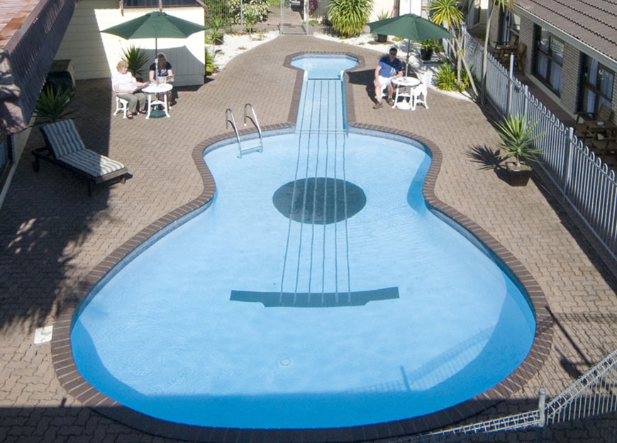 our famous guitar-shaped swimming pool